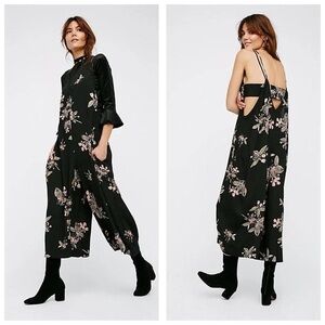 Free People Big Dream Crop Wide Leg Black Floral Jumpsuit